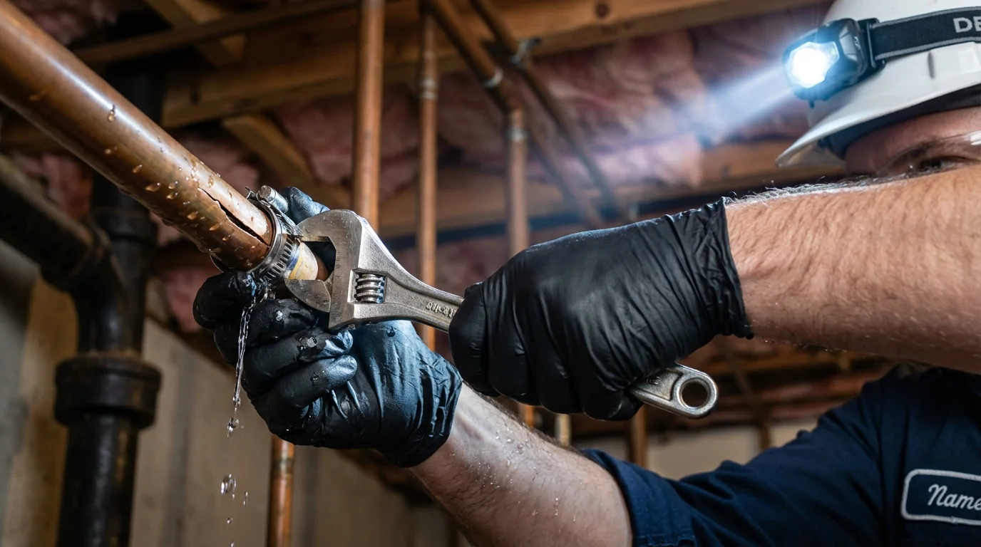 Emergency pipe clamp repair being performed by a Johns Plumbing LLC plumber in Brooksville